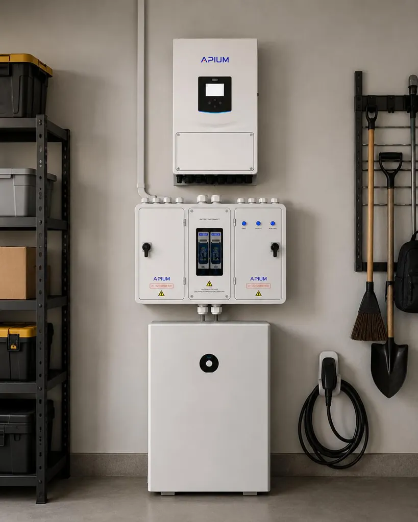 Apium inverter and battery installed in a garage